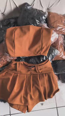 Short saia com cinto+ cropped conjunto no tecido importado